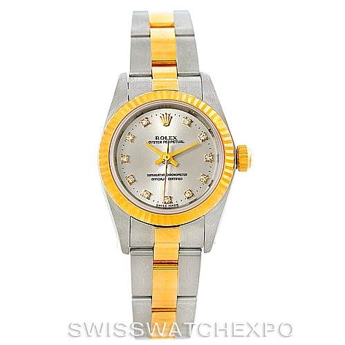 This image shows a front view of a Rolex Oyster Perpetual 76193 Women's Steel and Gold (two tone) Silver Dial 76193 Women's Steel and Gold (two tone) Silver Dial watch, displaying the face, bezel, and bracelet.