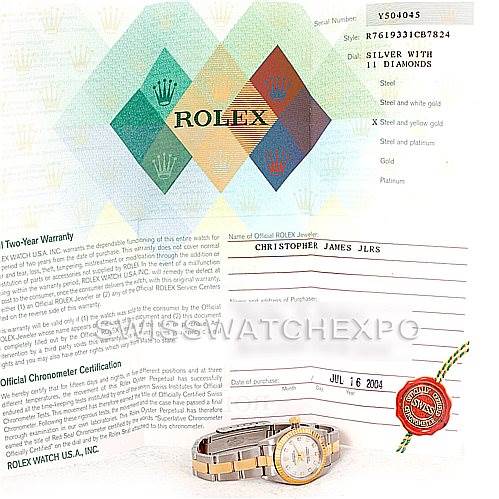 The image shows the paperwork and warranty documentation for a Rolex Oyster Perpetual 76193 Women's Steel and Gold (two tone) Silver Dial 76193 Women's Steel and Gold (two tone) Silver Dial watch, along with a picture of the watch.