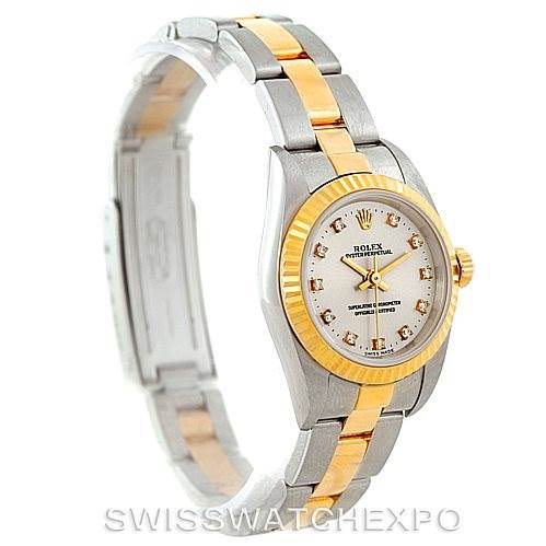 The image shows a side angle of the Rolex Oyster Perpetual 76193 Women's Steel and Gold (two tone) Silver Dial 76193 Women's Steel and Gold (two tone) Silver Dial watch, highlighting its two-tone metal bracelet and diamond-accented dial.