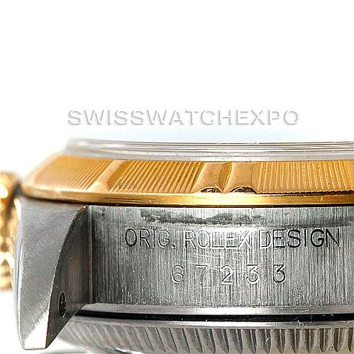 The image shows a close-up side view of a Rolex Oyster Perpetual 67233 Women's Steel and Gold (two tone) White Dial 67233 Women's Steel and Gold (two tone) White Dial watch's case, focusing on the bezel and 'ORIG. ROLEX DESIGN' engraving with the model number.