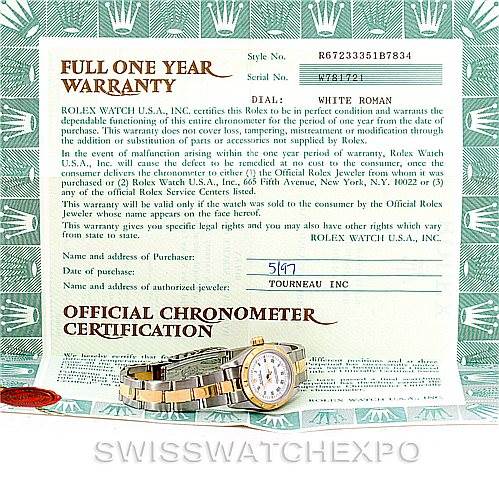 The image shows a Rolex Oyster Perpetual 67233 Women's Steel and Gold (two tone) White Dial 67233 Women's Steel and Gold (two tone) White Dial watch and its warranty certificate, including the model and serial numbers, along with a description of the dial.