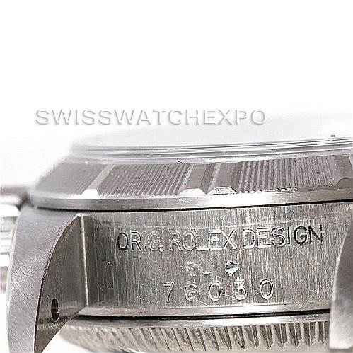 The image shows a close-up side angle of the case and bezel of a Rolex Oyster Perpetual 76030 Women's Stainless Steel Silver Dial 76030 Women's Stainless Steel Silver Dial watch, highlighting the engraved model number and design details.