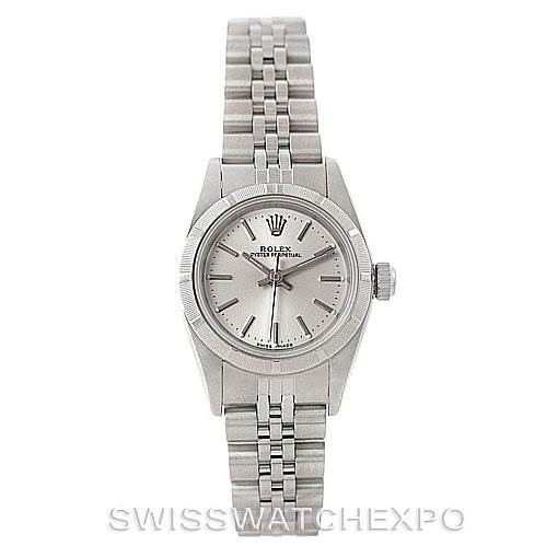 This image shows the front view of a Rolex Oyster Perpetual 76030 Women's Stainless Steel Silver Dial 76030 Women's Stainless Steel Silver Dial watch, displaying its face, bezel, crown, and the full bracelet.