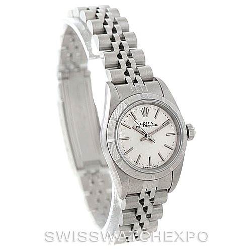This image shows a Rolex Oyster Perpetual 76030 Women's Stainless Steel Silver Dial 76030 Women's Stainless Steel Silver Dial watch at a slight angle, displaying its face, bezel, and stainless steel bracelet.