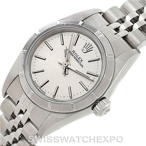 This image shows a close-up, angled view of the Rolex Oyster Perpetual 76030 Women's Stainless Steel Silver Dial 76030 Women's Stainless Steel Silver Dial watch, highlighting the dial, crown, and part of the bracelet.