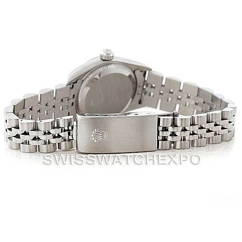 The image shows the back and bracelet of the Rolex Oyster Perpetual 76030 Women's Stainless Steel Silver Dial 76030 Women's Stainless Steel Silver Dial watch from a rear angle.
