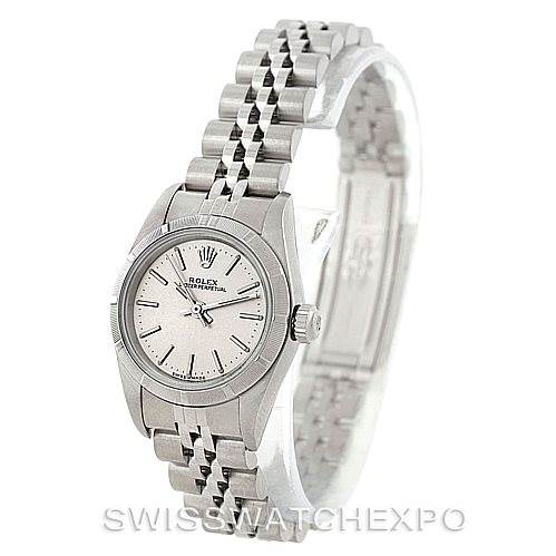The image shows a Rolex Oyster Perpetual 76030 Women's Stainless Steel Silver Dial 76030 Women's Stainless Steel Silver Dial watch from a front angle, highlighting the face, bezel, and bracelet.