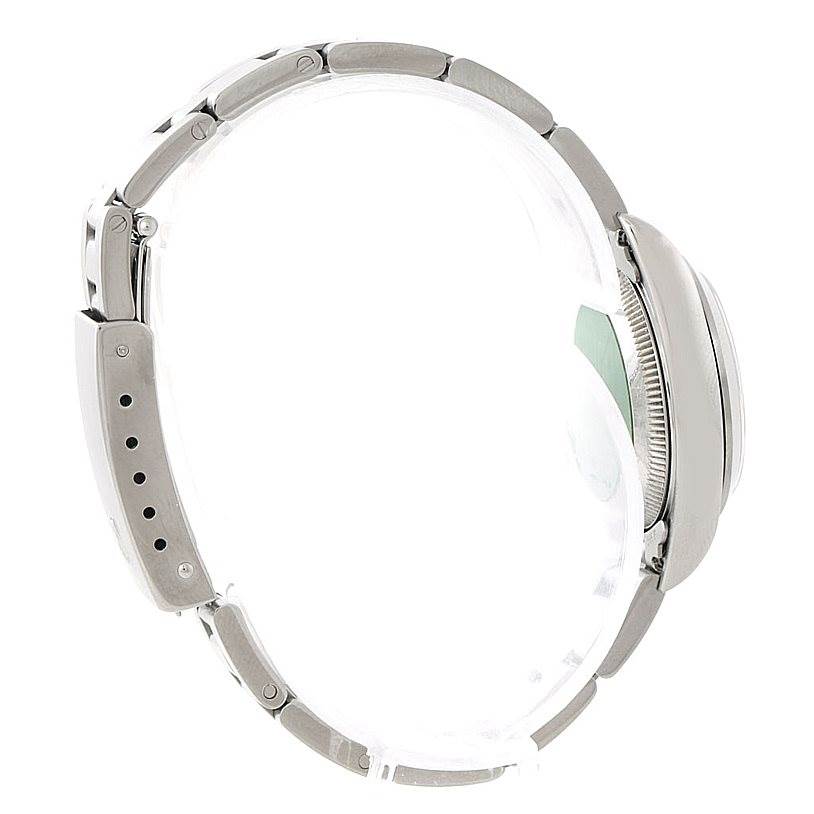 This image shows a side profile of a Rolex Oyster Perpetual 76080 Women's Stainless Steel Blue Dial 76080 Women's Stainless Steel Blue Dial watch, highlighting the bracelet and case.