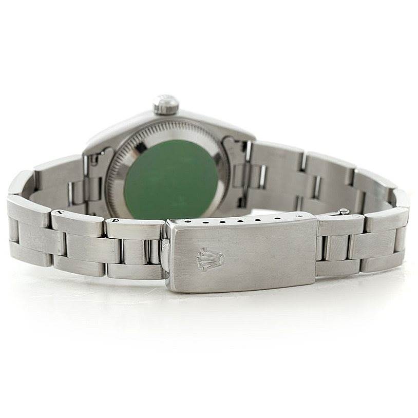 The image shows the back of a Rolex Oyster Perpetual 76080 Women's Stainless Steel Blue Dial 76080 Women's Stainless Steel Blue Dial watch, focusing on the clasp and bracelet.