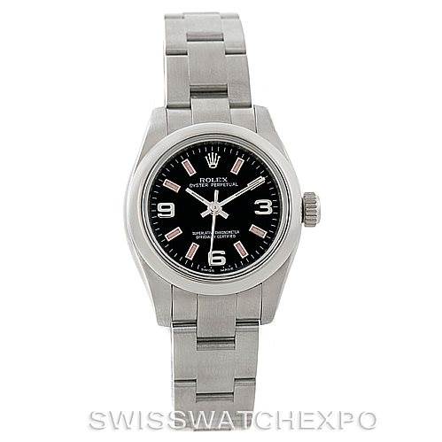 This image shows a front view of a Rolex Oyster Perpetual 176200 Women's Stainless Steel Black Dial 176200 Women's Stainless Steel Black Dial watch, displaying the dial, bezel, case, bracelet, and crown.