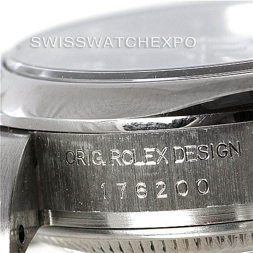 The image shows a close-up of the side of a Rolex Oyster Perpetual 176200 Women's Stainless Steel Black Dial 176200 Women's Stainless Steel Black Dial watch, highlighting the "ORIG ROLEX DESIGN" engraving and model number 176200.