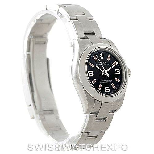 The image shows a side view of a Rolex Oyster Perpetual 176200 Women's Stainless Steel Black Dial 176200 Women's Stainless Steel Black Dial watch, displaying its black dial, hour markers, and stainless steel bracelet.