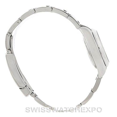 This image shows a side view of the Rolex Oyster Perpetual 176200 Women's Stainless Steel Black Dial 176200 Women's Stainless Steel Black Dial watch, featuring its case and bracelet.