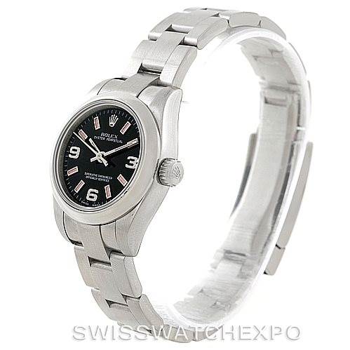 The image shows a side angle view of the Rolex Oyster Perpetual 176200 Women's Stainless Steel Black Dial 176200 Women's Stainless Steel Black Dial watch, highlighting its bracelet, bezel, and face.