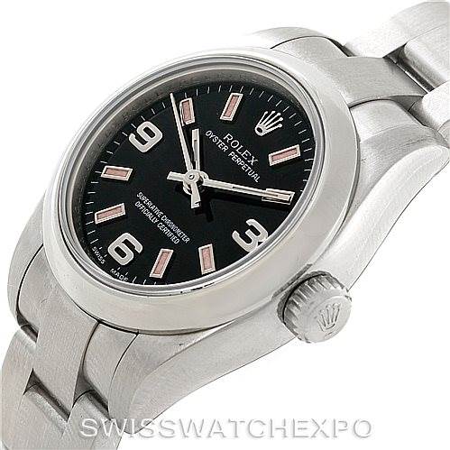 The image shows a Rolex Oyster Perpetual 176200 Women's Stainless Steel Black Dial 176200 Women's Stainless Steel Black Dial watch angled slightly to display the face, crown, and a portion of the stainless steel bracelet.