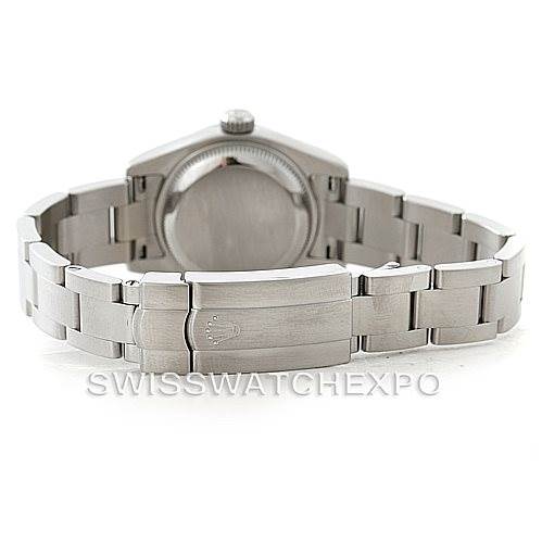 This image shows the back view of the Rolex Oyster Perpetual 176200 Women's Stainless Steel Black Dial 176200 Women's Stainless Steel Black Dial watch, highlighting its stainless steel bracelet and clasp.