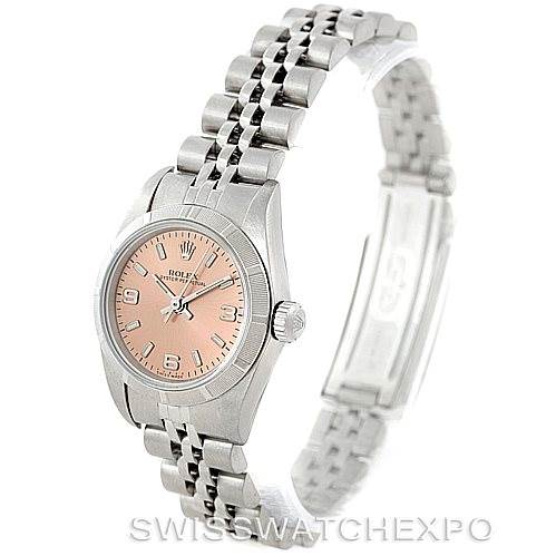This image shows a Rolex Oyster Perpetual 76030 Women's Stainless Steel Pink Dial 76030 Women's Stainless Steel Pink Dial watch from a front angle, displaying the face, bezel, and bracelet.