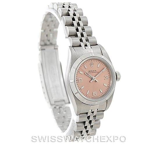 This image shows a Rolex Oyster Perpetual 76030 Women's Stainless Steel Pink Dial 76030 Women's Stainless Steel Pink Dial watch at a slight side angle, highlighting the bracelet, case, and pink dial.