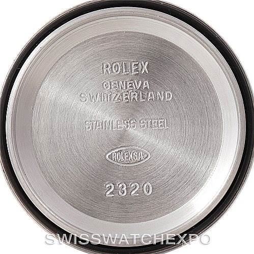 This image shows the inner case back of a Rolex Oyster Perpetual 176234 Women's Stainless Steel Pink Dial 176234 Women's Stainless Steel Pink Dial watch, featuring engraved branding and serial information.