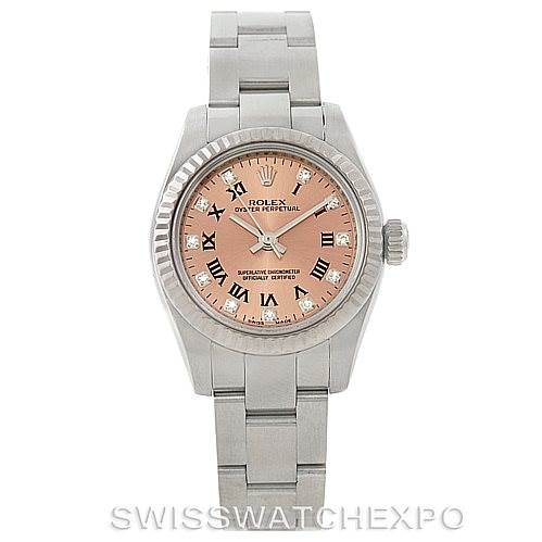The image shows a front view of a Rolex Oyster Perpetual 176234 Women's Stainless Steel Pink Dial 176234 Women's Stainless Steel Pink Dial watch, featuring a pink dial with Roman numerals and a silver bracelet.