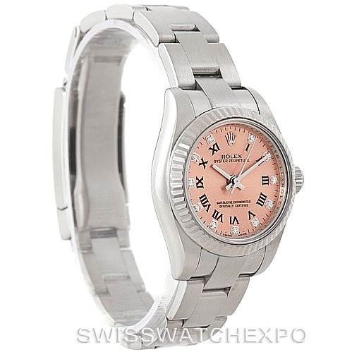 The image shows a side angle of the Rolex Oyster Perpetual 176234 Women's Stainless Steel Pink Dial 176234 Women's Stainless Steel Pink Dial watch, highlighting the bracelet and pink Roman numeral dial.