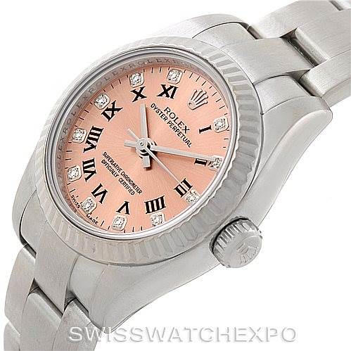 The image shows a Rolex Oyster Perpetual 176234 Women's Stainless Steel Pink Dial 176234 Women's Stainless Steel Pink Dial watch at an angled side view, highlighting the dial, bezel, crown, and part of the bracelet.