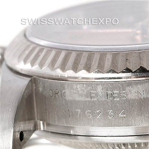 This close-up shows the side view of the Rolex Oyster Perpetual 176234 Women's Stainless Steel Pink Dial 176234 Women's Stainless Steel Pink Dial watch, focusing on the bezel and model number engraving.