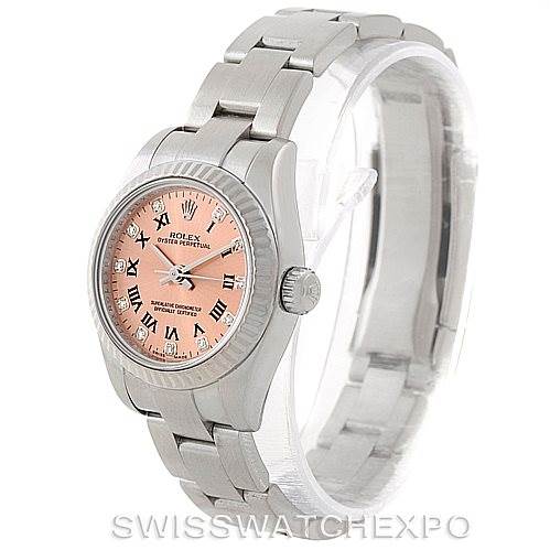 This Rolex Oyster Perpetual 176234 Women's Stainless Steel Pink Dial 176234 Women's Stainless Steel Pink Dial watch is shown at a front-right angle, displaying its pink dial, bezel, case, and bracelet.