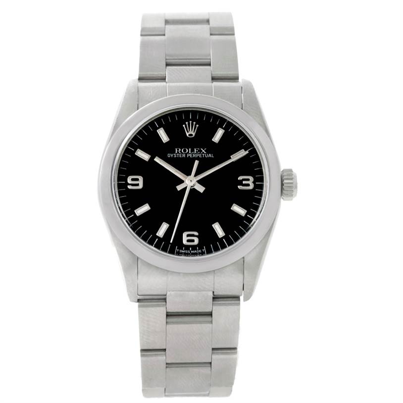 The image shows a front-facing view of a Rolex Oyster Perpetual 67180 Women's Stainless Steel Black Dial 67180 Women's Stainless Steel Black Dial watch, displaying its black dial and metallic bracelet.