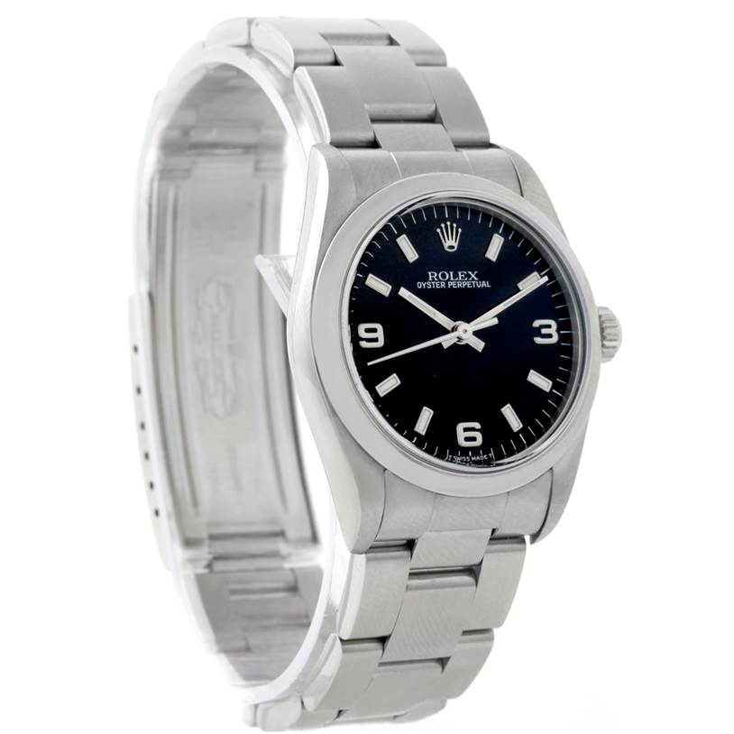 This image of a Rolex Oyster Perpetual 67180 Women's Stainless Steel Black Dial 67180 Women's Stainless Steel Black Dial watch shows a side angle, featuring the dial, case, and portion of the bracelet.