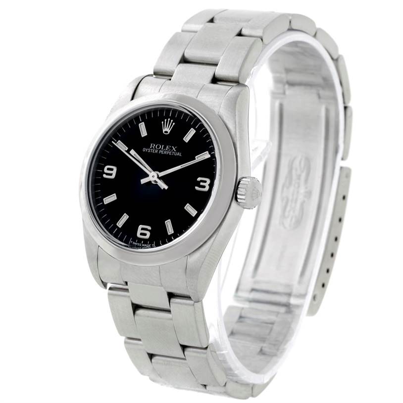 This image shows a Rolex Oyster Perpetual 67180 Women's Stainless Steel Black Dial 67180 Women's Stainless Steel Black Dial watch from an angled side view, displaying the face, crown, and part of the bracelet.