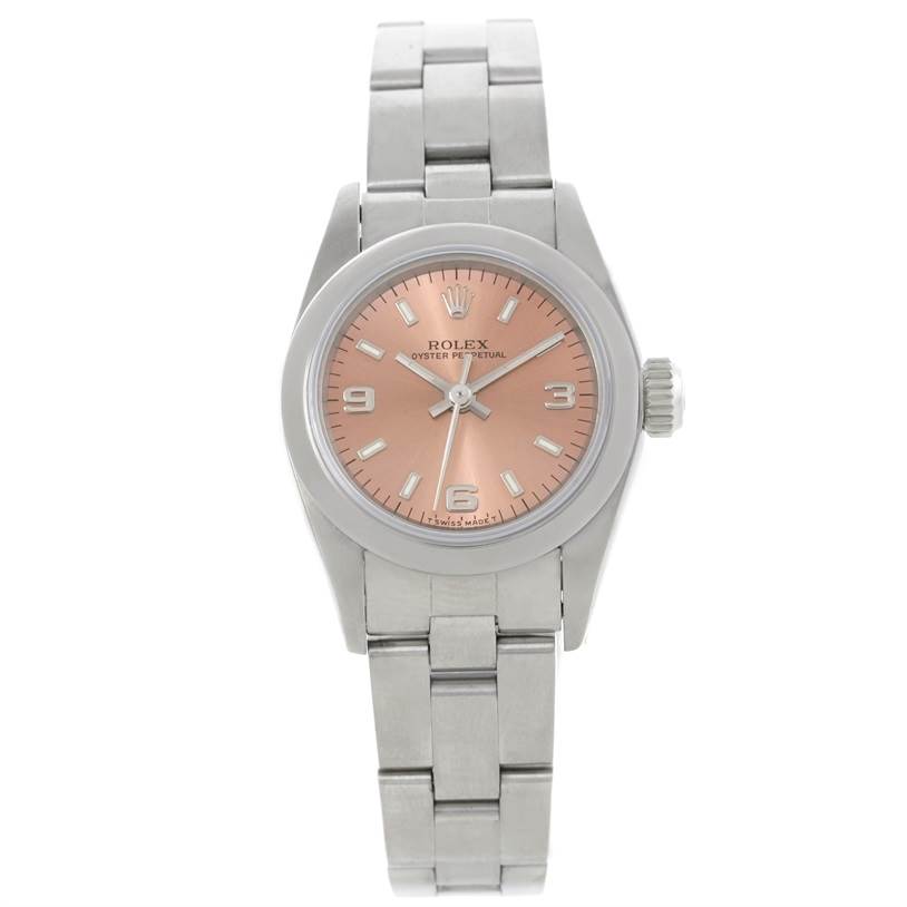 The Rolex Oyster Perpetual 67180 Women's Stainless Steel Pink Dial 67180 Women's Stainless Steel Pink Dial watch is shown from a front angle, displaying the face, bezel, and bracelet.