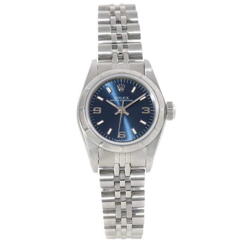 This image shows a front view of the Rolex Oyster Perpetual 67230 Women's Stainless Steel Blue Dial 67230 Women's Stainless Steel Blue Dial watch featuring a blue dial and silver bracelet.