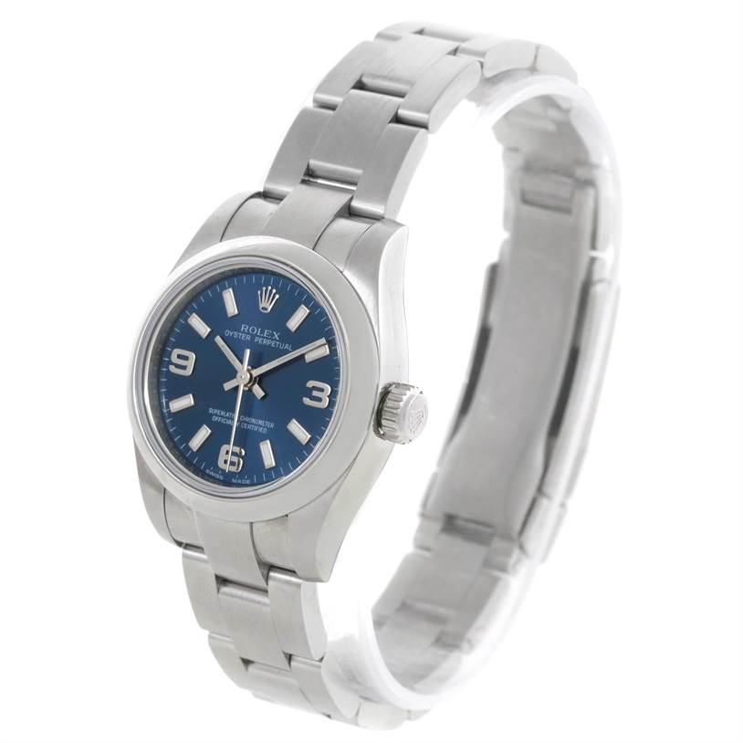 This image shows the Rolex Oyster Perpetual 176200 Women's Stainless Steel Blue Dial 176200 Women's Stainless Steel Blue Dial watch at a three-quarter angle, highlighting the face, bezel, crown, and bracelet.