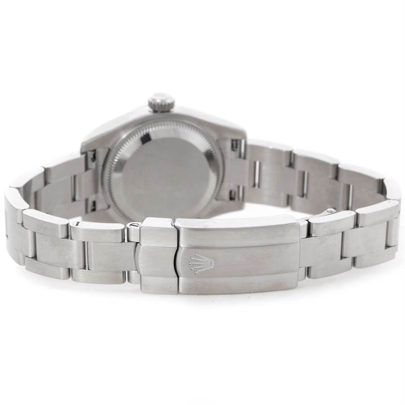 The image shows the back view of the Rolex Oyster Perpetual 176200 Women's Stainless Steel Blue Dial 176200 Women's Stainless Steel Blue Dial watch, highlighting the case back and bracelet clasp.