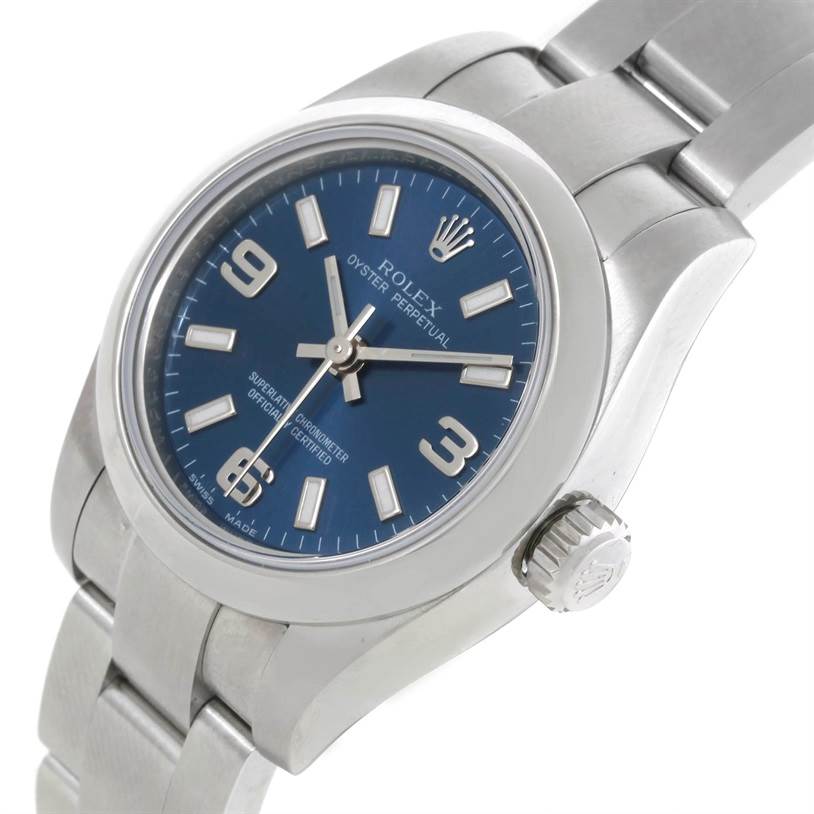 The image shows a side angle view of a Rolex Oyster Perpetual 176200 Women's Stainless Steel Blue Dial 176200 Women's Stainless Steel Blue Dial watch, highlighting the blue dial, crown, and bracelet.