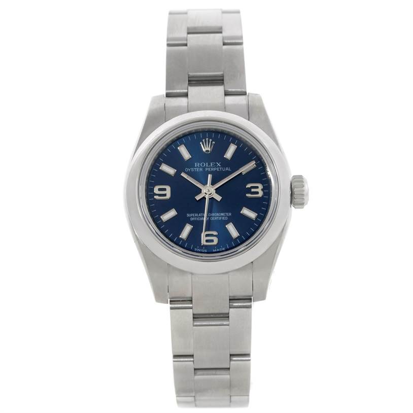 The image shows a frontal view of a Rolex Oyster Perpetual 176200 Women's Stainless Steel Blue Dial 176200 Women's Stainless Steel Blue Dial watch with a blue dial and stainless steel bracelet.