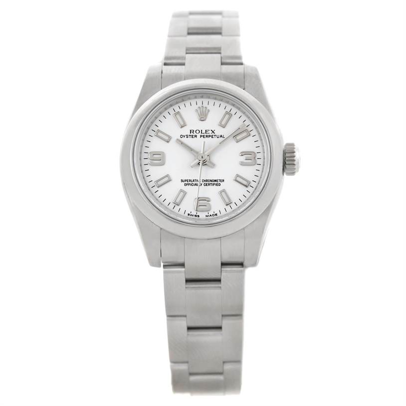 This image shows a front view of a Rolex Oyster Perpetual 176200 Women's Stainless Steel White Dial 176200 Women's Stainless Steel White Dial watch, displaying its dial, bezel, case, and bracelet.