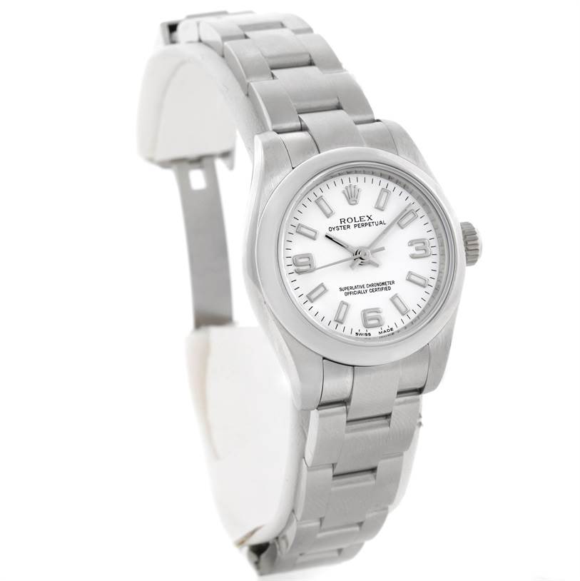 This image shows a Rolex Oyster Perpetual 176200 Women's Stainless Steel White Dial 176200 Women's Stainless Steel White Dial watch at a three-quarter angle, highlighting its face, bezel, and bracelet.