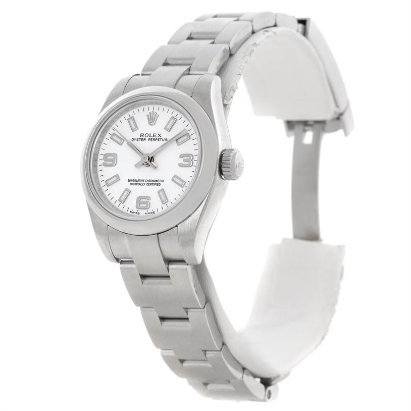 The image shows a Rolex Oyster Perpetual 176200 Women's Stainless Steel White Dial 176200 Women's Stainless Steel White Dial watch from a three-quarter angle, displaying the face, case, and partial bracelet.