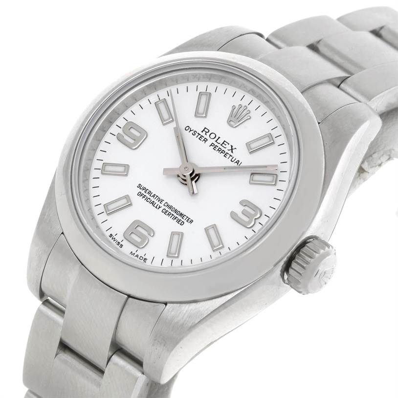 The image shows a close-up angle of a Rolex Oyster Perpetual 176200 Women's Stainless Steel White Dial 176200 Women's Stainless Steel White Dial watch, highlighting the face, bezel, crown, and part of the bracelet.