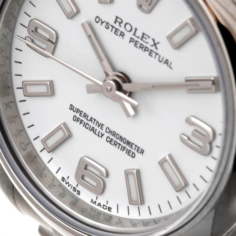 The close-up angle highlights the dial, hands, hour markers, and branding on the Rolex Oyster Perpetual 176200 Women's Stainless Steel White Dial 176200 Women's Stainless Steel White Dial watch.