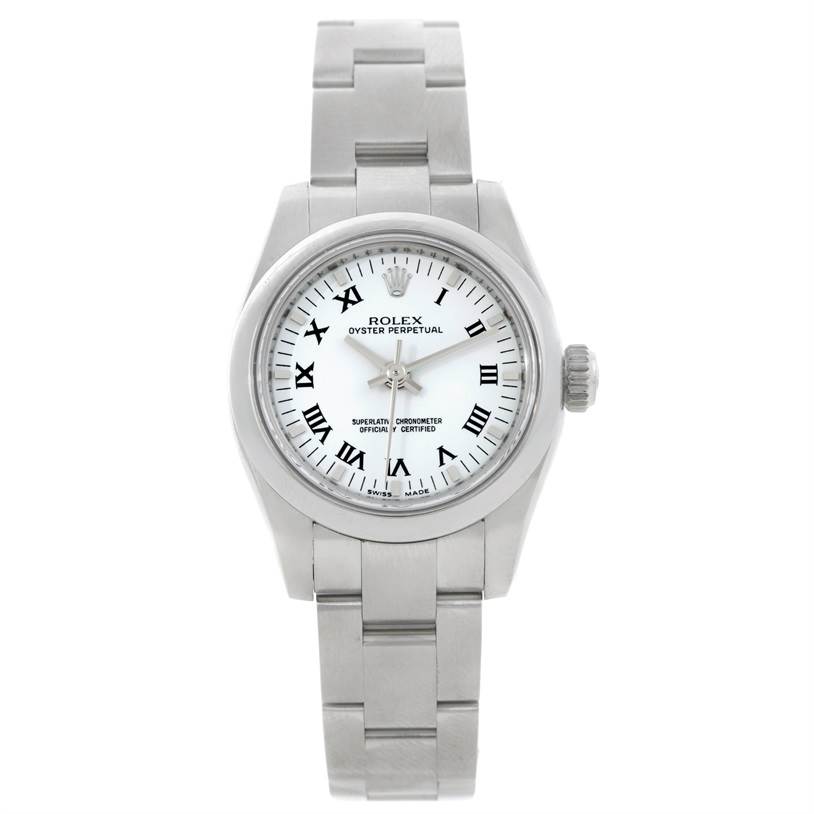 This image depicts a Rolex Oyster Perpetual 176200 Women's Stainless Steel White Dial 176200 Women's Stainless Steel White Dial watch shown from the front, displaying the dial, hands, case, and part of the bracelet.