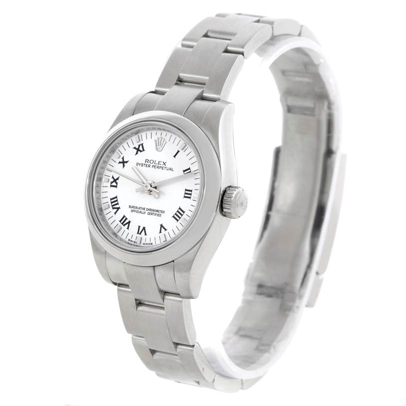 The Rolex Oyster Perpetual 176200 Women's Stainless Steel White Dial 176200 Women's Stainless Steel White Dial watch is shown at a three-quarter angle, highlighting the face, bezel, and part of the bracelet.