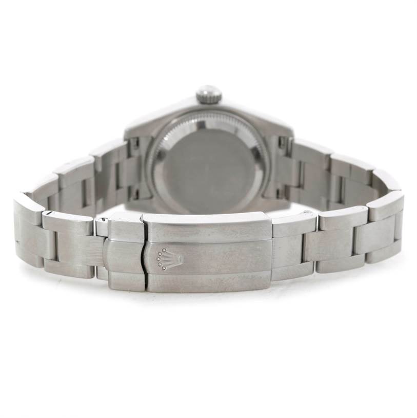 The image shows the back view of a Rolex Oyster Perpetual 176200 Women's Stainless Steel White Dial 176200 Women's Stainless Steel White Dial watch, highlighting the clasp and bracelet.