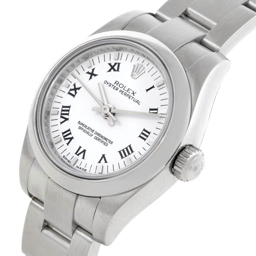 This image shows the face, bezel, and part of the bracelet of the Rolex Oyster Perpetual 176200 Women's Stainless Steel White Dial 176200 Women's Stainless Steel White Dial watch from an angled top-down view.