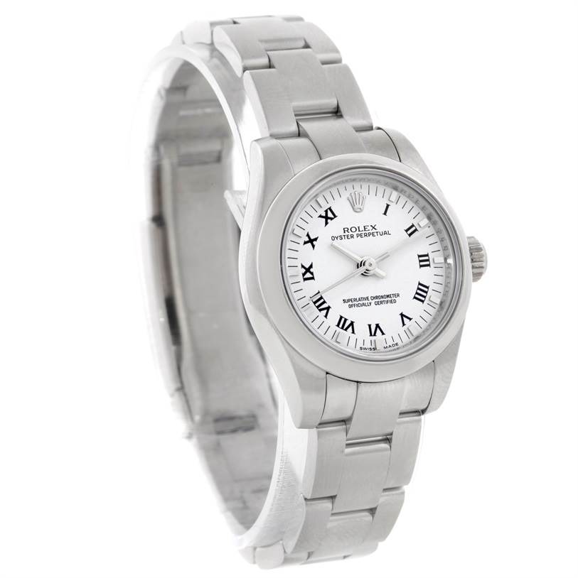 The image shows a Rolex Oyster Perpetual 176200 Women's Stainless Steel White Dial 176200 Women's Stainless Steel White Dial watch from an angled front view, highlighting its bracelet and white dial with Roman numerals.