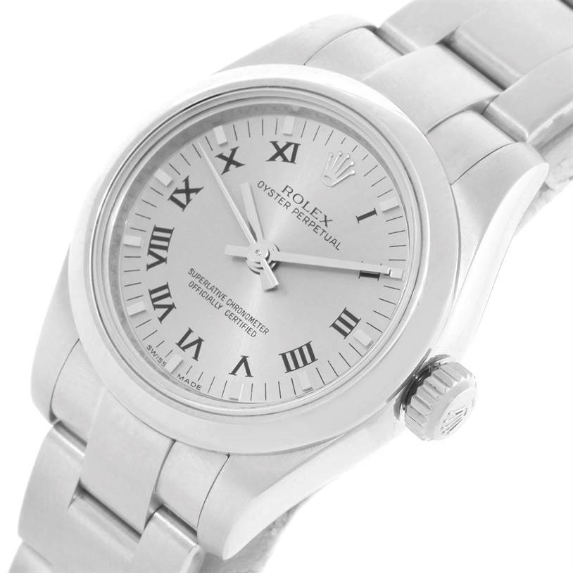 This image shows a close-up, angled view of the Rolex Oyster Perpetual 176200 Women's Stainless Steel Silver Dial 176200 Women's Stainless Steel Silver Dial watch, highlighting the face, bezel, crown, and bracelet.