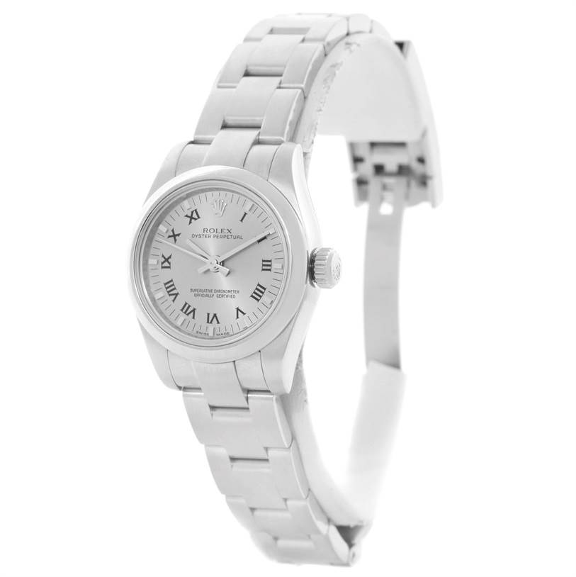 The image shows a Rolex Oyster Perpetual 176200 Women's Stainless Steel Silver Dial 176200 Women's Stainless Steel Silver Dial watch at a side angle, highlighting the face, bezel, crown, and bracelet.