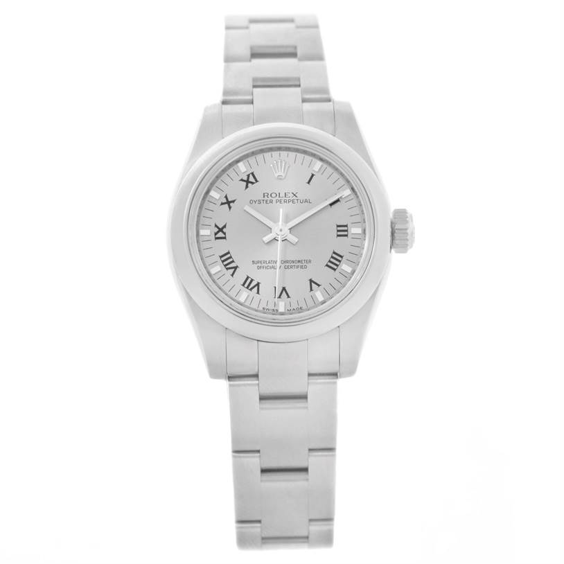 The Rolex Oyster Perpetual 176200 Women's Stainless Steel Silver Dial 176200 Women's Stainless Steel Silver Dial watch is shown from a straight-on angle, displaying the face, bracelet, and bezel.